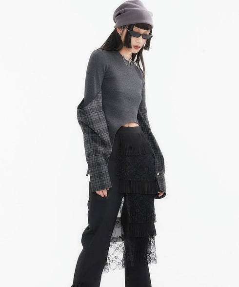 Asymmetric Plaid Sleeve Knit Top